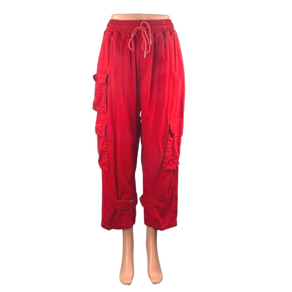 Kol Me Baby Women's Red Cropped High Rise Baggy Cargo Trousers Pants Size S